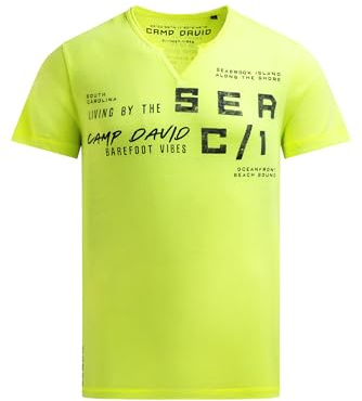 Camp David Herren Ausbrenner-Shirt mit Used Look und Label Prints Neon Lime, L