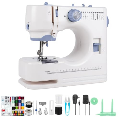 Mini Nähmaschine Elektrisch 12 Stichprogramme 2 Geschwindigkeiten mit Fußpedal Doppelstich LED Beleuchtung Tragbare Nähmaschine für Anfänger Kleidung Reparatur und DIY Projekte