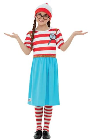 Smiffys Où est Charlie ? Costume Félicie Deluxe, Rouge et blanc, robe avec impression 3D, collants, chapeau et lunettes