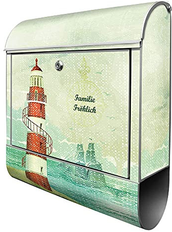 banjado® Design Briefkasten personalisiert Alter Leuchtturm 38,5x46,5x13cm & 2 Schlüssel - Briefkasten Stahl Silber Zeitungsfach pulverbeschichtet - Postkasten A4 Einwurf inkl. Montagematerial
