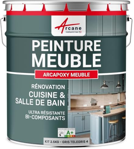 Peinture Meuble Cuisine, Salle de Bain - Résine Epoxy Bi-composant - ARCAPOXY MEUBLE - 2.5 kg (jusqu'à 30 m² en 2 couches) Telegris 4 - RAL 7047 - ARCANE INDUSTRIES