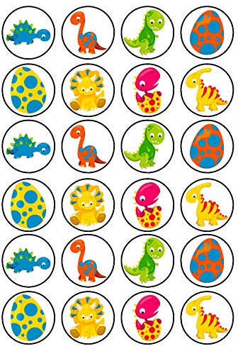 Cute Dinosaur Edible Cupcake Toppers – Prehistoric Party Cake Decorations with Dino Eggs & Baby Dinosaurs – 24 x 4cm/1.5 Inch Discs (UNCUT)
