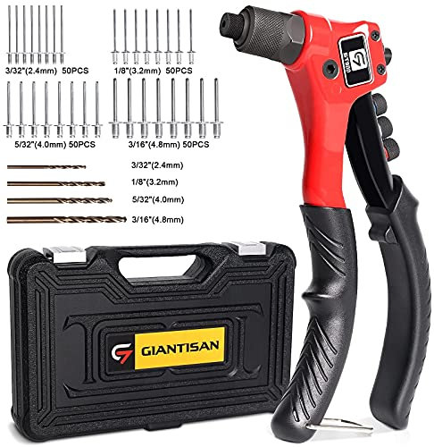 Giantisan Pistolet à riveter avec 200 rivets et 4 forets, kit de riveteuse manuel avec étui de transport robuste