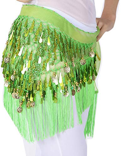 YAOTT Damen Chiffon Hüfttuch Münztuch Münzgürtel Bauchtanz Gürtel mit Pailletten und Münzen Bauchtanz Samba Belly Dance Grün One Size