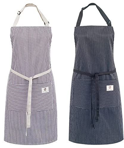 cactusgirl 2 Stück verstellbare Baumwollschürze, Kochschürze, Küchenschürze, Schürzen für Damen und Herren (schwarze Streifen + Kaffeestreifen)