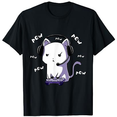 Gamer Cat Pow Pow Gaming Zocken Nerd Lustig Kawaii Zocker T-Shirt