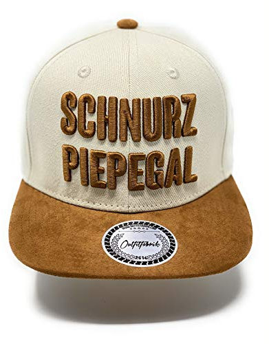 Outfitfabrik ❤️ Snapback Cap Schnurz piep egal in beige, Schirm in brauner Alcantara-Optik, mit 3D-Stick (Lifestyle, Statement), verstellbar an der Rückseite, für Männer und Frauen