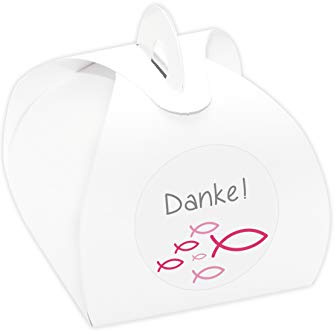 24 x Kartonagen + Aufkleber 'Fische' Gastgeschenke Set für Taufe, Kommunion, Konfirmation (Danke! - pink)
