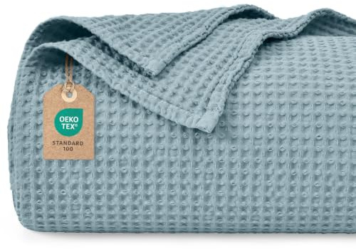 PHF 100% Baumwolle waffledecke Kuschedecke 230x270cm, leicht & atmungsaktiv, perfekt für das ganze Jahr - Oeko-TEX® Zertifiziert - Hotelwäschequalität - Ideal für Sofa Couch Bett, Staubiges Blau