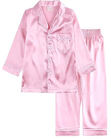 Ensemble de pyjama deux pièces pour enfant en bas âge bébé fille garçon chemise boutonnée en satin haut à manches longues avec pantalon vêtements de nuit d'automne nuisette rose 110 3-4 ans