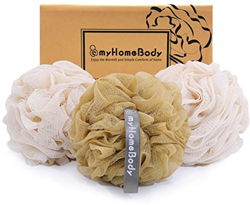 myHomeBody Großer 70g Luffaschwamm, 2 Oat Milk + 1 Caramel, 3er Set | Body Scrubber, Badeschwamm, Sanfter Peeling Schwamm - Körperreinigungs- und Duschschwamm mit Aktivkohle