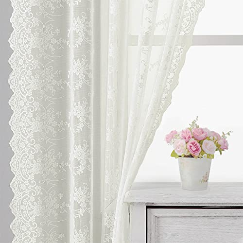 Kotile Lace Curtains 96 Inches Long - Rustic Vine Floral Patterned Sheer Curtains for Living Room, Rod Pocket Privacy Sheer Window Curtain, 52 x 96 Inch, 2 Panels, Ivory