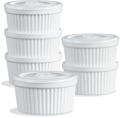 ONEMORE Ramekins with Lids, 8 oz Creme Brulee Souffle Dishes Oven Safe Ceramic Pudding Cups with Silicone Covers Stackable Custard Cups Set of 6 for Baking - White