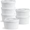 ONEMORE Ramekins with Lids, 8 oz Creme Brulee Souffle Dishes Oven Safe Ceramic Pudding Cups with Silicone Covers Stackable Custard Cups Set of 6 for Baking - White
