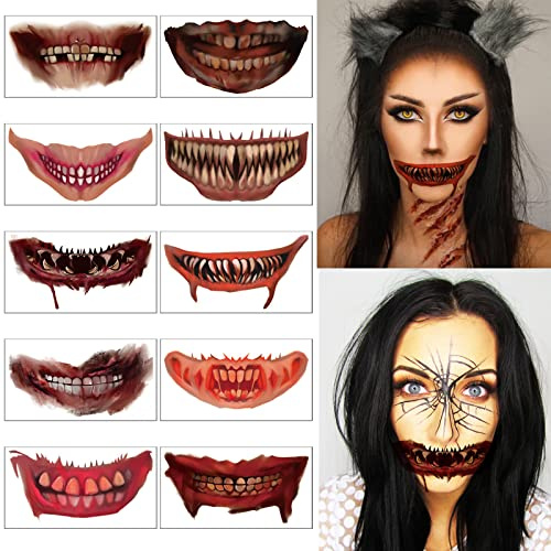 Halloween Zombie Makeup Kit - 10 Accessories, Vampire Clown Horror Big Mouth Wound Smile Lip Tattoo Stickers, Waterproof Scars and Wounds Face Tattoos for Women and Men