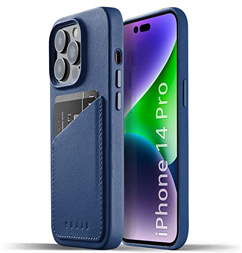 Mujjo Schutzhülle aus Vollleder für iPhone 14 Pro mit Kartenfach (Monaco-Blau)