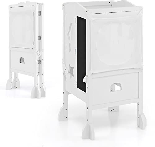 COSTWAY Lernturm für Kleinkinder, klappbarer Kindertritthocker aus Holz mit 2-stufig Verstellbarer Höhe & Sicherheitsnetz im Tafeldesign & Schutzschiene, Stehhilfe für Kinder ab 18 Monate (Weiß)