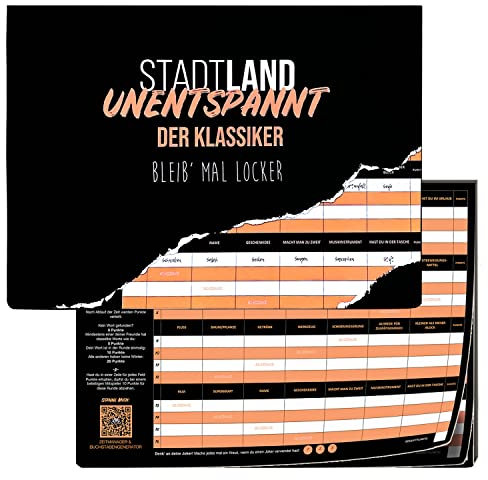 RelaxBro - Stadt Land Unentspannt - Der Klassiker | 50 Blatt | DIN A4 | Stadt Land Fluss | 28 Kategorien | Spielblock | Geschenkidee | Gesellschaftsspiel