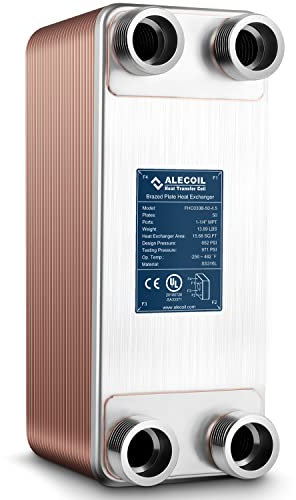 ALECOIL 50 Platten Wärmetauscher mit 3,8 cm MPT-Anschluss, Wasser zu Wasser, 316L Edelstahl, gelöteter Plattenwärmetauscher für Wasserheizung, Bodenheizung, gewerbliche und industrielle Kühlung, 12,7