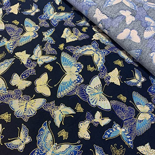 Jukway 1 LfM Baumwollstoff Meterware, 145cm breit, 100% Baumwolle Stoffe zum Nähen Bronzierendes Goldenes Blumen, Stoff Meterware Baumwolle Muster Quilten DIY Dekoration (Marineblau - Schmetterling)