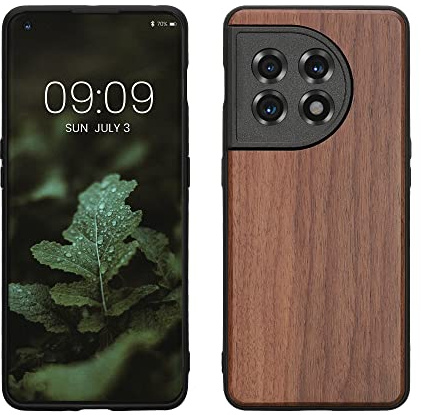 kwmobile Hülle kompatibel mit OnePlus 11 Hülle - Holz Case - stoßfestes Handy Cover - TPU Handyhülle in Dunkelbraun