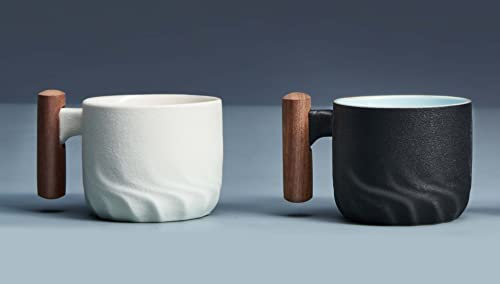BlogBlog Ceramic Espresso Coffee Mug with Wooden Handle, 3 oz, Microwave Safe, Porcelain, 5.3 x 4.7 cm, Hand Wash, Black and White