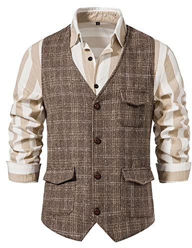 MakingDa Herren Karierte Weste, formell, ärmellos, V-Ausschnitt, kariert, Tweed, Business-Weste, Freizeitkleid, Anzugweste mit Tasche, coffee, M