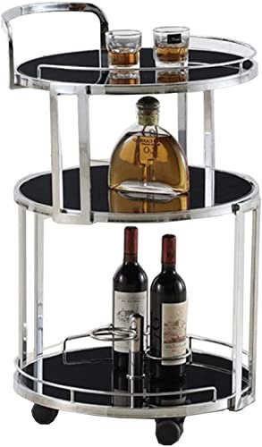 BICIBO Runder Getränke-Rollwagen aus Metall im Vintage-Stil für Zuhause,Bar-Servierwagen,3-stöckiger Küchenwagen mit Regalen aus gehärtetem Glas und Metallrahmen mit Edelstahl-Finish,Bui-Silber