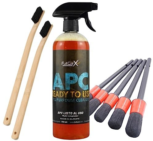 AutoFullCar – FullCarX APC Limpiador Multiusos Coche 750ml | Todo en Uno Interior Exterior | Carrocería Llantas Tapicería Motor + 2 Cepillos de Bambú + 5 Pinceles de detallado