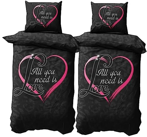 Leonado Vicenti 4 teilig Microfaser Partner Bettwäsche 155x200 Schwarz mit Herz in Pink und Love Fotodruck mit Reißverschluss