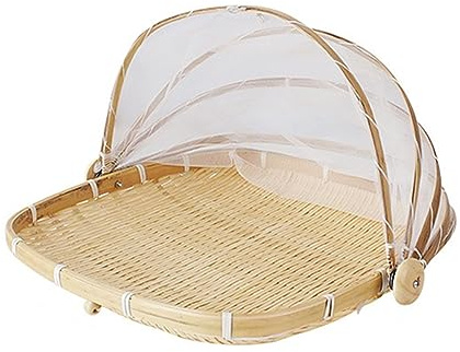 YGMXZL Panier de Pique Nique avec Gaze,Anti-insectes Panier Anti-poussière tissé à la Main,Panier de tente en bambou,légumes,fruits,pain,panier de rangement (Carré S)
