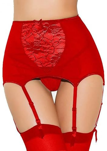 Satohom Femmes 3 pièces Porte-Jarretelles avec 6 Pinces Dentelle Réglable Jarretelle Haute Taille avec G-String pour Lingerie Bas Mariage Saint-Valentin Noël (Bretelles +String +Bas) S-3XL