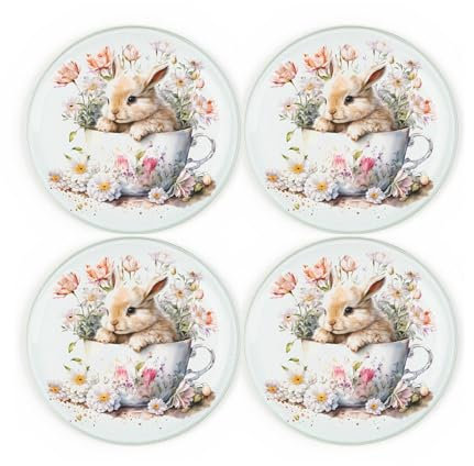 Bunny Rabbit Coaster Set - Round Glass Teacup Floral Bunny Design Gift - Set of Four (4) Drinks Coasters