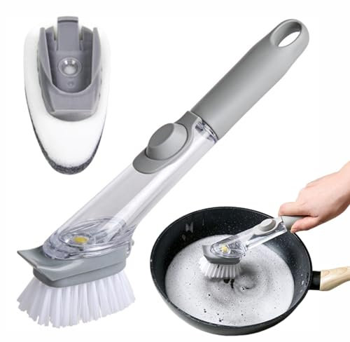 MVPACKEEY Soap Dispensing Dish Brush,Dish Brush With Soap Dispenser,Long Handle brush Heads Cleaning Brush with Sponge,Soap Dispensing Dish Brush,Kitchen Brush for Pot Pan Sink Cleaning(Clear+Grey)