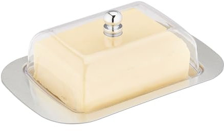 Relaxdays Mantequera con Tapa, Mantequillera Acero INOX. y Plástico, Bandeja Mantequilla 7x18,5x12cm, Plata/Transparente, Metal