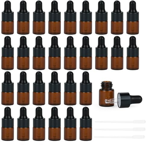 30pcs 2ml Amber Glass Dropper Bottles,Empty Mini Bottles with 3pcs Dropper Pipettes,Refillable Small Sample Vials Container for Essential Oils Perfume Cosmetic Liquid