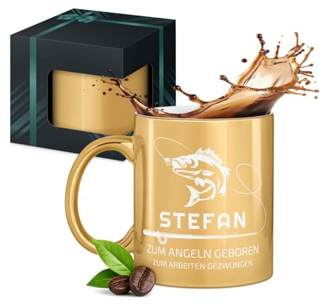 Maverton Gold Keramikbecher 330ml mit Gravur, Kaffeetasse mit Henkel | personalisierter Keramikbecher Männer zum Geburtstag zu Weihnachten, gold glänzend, Innen weiß, Angeln