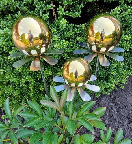 Jürgen Bocker Garten-Ambiente Blütenzauber Rotterdam 3er Set Rosenkugel 15/15/10 cm Edelstahl Gartenstecker Deko mit Stab 80 cm (Gold poliert)