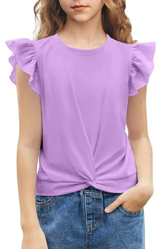 Arshiner T-Shirt Bambino Bambina Ragazzi Maniche Volanti Estate Girocollo Manica Corta Top Moda Casual Tinta Unita per Ragazze Viola 120