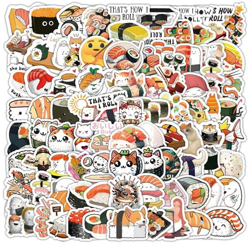 LYLSDSB Sushi Aufkleber 100 Stück Niedliche Wasserfeste Essen Aufkleber für Laptop Gepäck Scrapbook Motorrad Skateboard Auto Telefon Gitarre,Vinyl Ästhetische Funny Onigiri Sticker für Mädchen Kinder