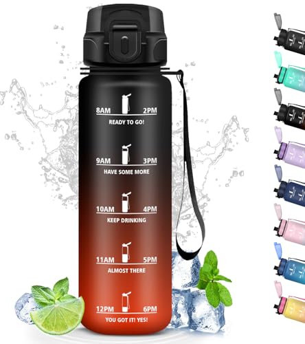 Gourde, Gourde Sport anti Fuite, Gourde Filtrante pour Running, Gourde Graduée avec Slogan de Motivation, Bouteille Plastique 1l, Facile à Nettoyer, Bouteille d'eau pour Randonnée, Campeggio, Vélo