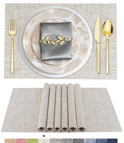 ARTAND Platzsets Abwaschbar 6er Set Vinyl Tischsets für Esstisch Küchen Platzset Dauerhaft PlatzdeckenTischzubehör -6er Set, 02 Beige Weiß
