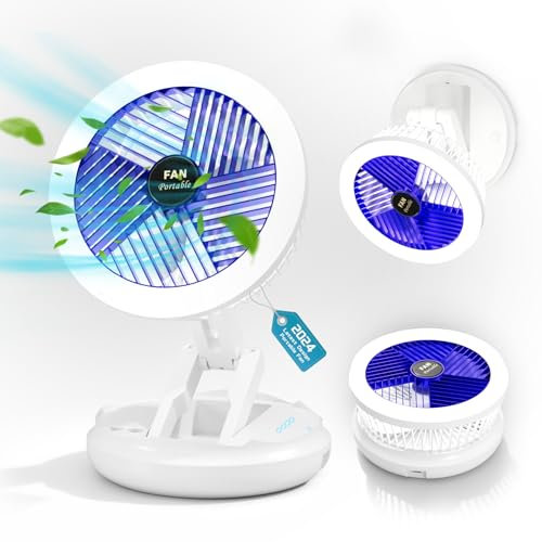 Mihoho Ventilateur turbo 4 vitesses avec lumière, ventilateur pliable sur batterie avec lampe pour la maison, le bureau, l'extérieur, le plafond et le support mural, blanc (avec lumière)