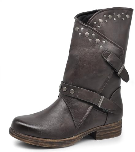 IF Fashion Scarpe Da Donna Stivali Stivaletti Biker Fibbie Anfibi Al Polpaccio Largo Con Borchie 647-2 Testa di moro N.38
