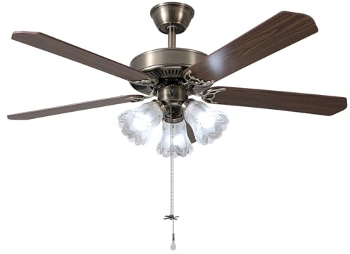 TWLITE 52 Inch Indoor Ceiling Fan with Pull-Chain and Three LED Light Bulbs Base, Traditional 3-Speeds Reversible Blades Ceiling Fan (Antique)