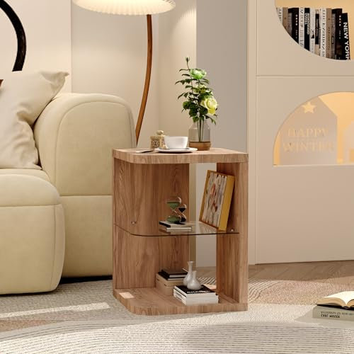 AOYA Natural Wood Side Table Coffee Table with Storage, End Sofa Table with Glass Lower Shelf for Living Room/Bedroom