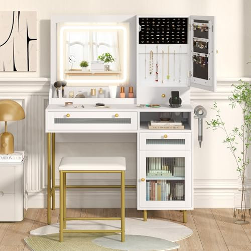COSTWAY Schminktisch mit LED-Beleuchtung, Frisiertisch mit Ladestation, Schmuckschrank, Hocker, Spiegel, 3 Schubladen, Schrank & Haartrocknerhalterung, Kosmetiktisch, weiß