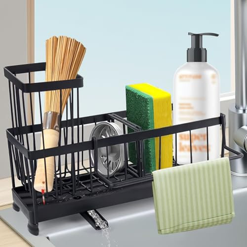 Sponge Holder for Kitchen Sink, Kitchen Sinks Organiser, Sinks Caddy, Sink Tidy with Removable Dishcloth and Brush Holder, Kitchens Accessorie Storage Organiser, Black