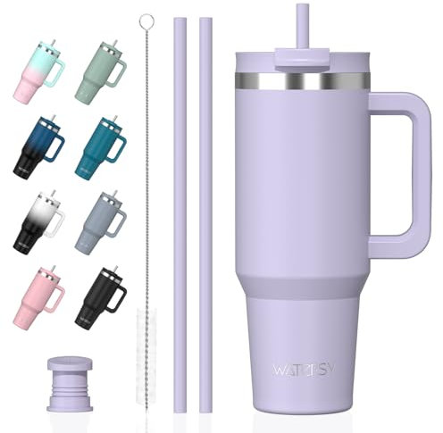 Watersy Gourde Isotherme 1,2 L avec 2 Pailles, Gobelet à Café anti-Fuite, Isotherme Sous vide avec Couvercle à vis sans BPA, Gourde Rafraîchissante Pendant 12 Heures, Violet