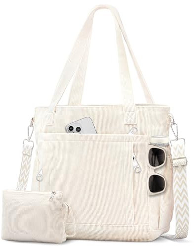 ferlord Cord Tasche Damen Groß mit 11 Taschen, Tote Bag Shopper Tasche Damen Verstellbarer Schultergurt, Strandtasche mit SBS Reißverschluss, Wickeltasche Handtasche Umhängetasche für Uni Arbeit Reise